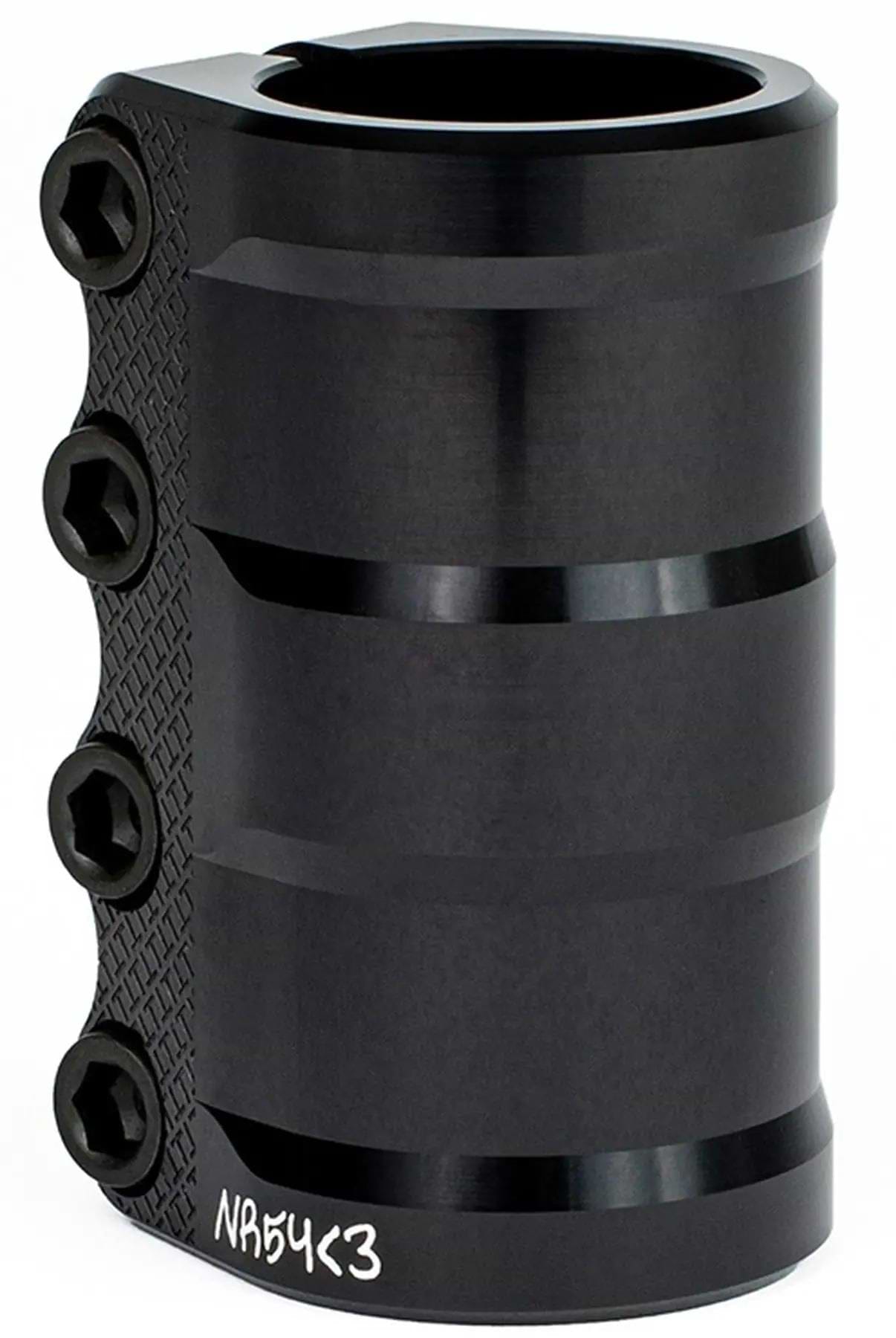 The Tilt Nikita LT 4 Bolt Standard SCS Stunt Scooter Clamp in black features a strong metal build, four hex bolts, a textured grip pattern, and engraved branding near the base. Designed for SCS compression systems, it ensures a secure and reliable fit.