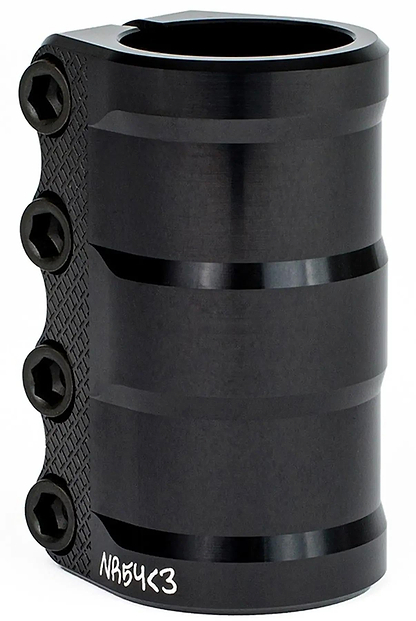 The Tilt Nikita LT 4 Bolt Standard SCS Stunt Scooter Clamp in black features a strong metal build, four hex bolts, a textured grip pattern, and engraved branding near the base. Designed for SCS compression systems, it ensures a secure and reliable fit.