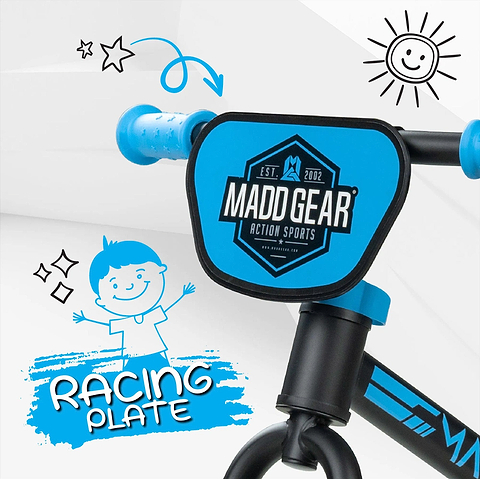 The Madd Gear My 1st BMX Balance Bike in black and blue features a racing plate with the "MADD GEAR ACTION SPORTS" logo, blue handlebar grips, playful illustrations of a child, stars, and sun. It has an adjustable seat and airless tires for smooth rides.