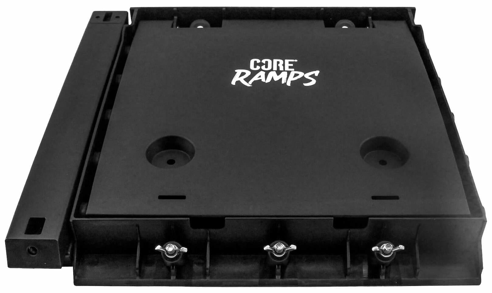The CORE XL Kicker Ramp Extender by CORE is a black rectangular skateboard ramp accessory with visible screws and adjustment knobs on the front edge, allowing easy ramp height extension.