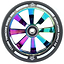 A close-up of the Revolution Twin Core 110mm Stunt Scooter Wheel - Neochrome by Revolution, featuring a reflective iridescent core, black tire with "110MM TWINCORE WHEEL 88A" and "REVOLUTION SUPPLY CO." text, plus ABEC 9 bearings for smooth rides.