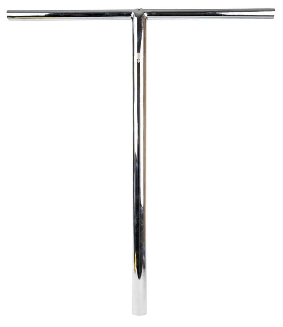 The Supremacy Trojan Steel Oversized SCS Stunt Scooter T-Bars in Chrome, with dimensions of 710mm x 610mm, stand upright against a plain white background. The sleek chrome design highlights its focus on ultimate control and durability, while the high tensile Chromoly construction ensures top-tier performance.