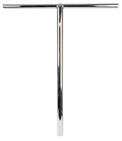 The Supremacy Trojan Steel Oversized SCS Stunt Scooter T-Bars in Chrome, with dimensions of 710mm x 610mm, stand upright against a plain white background. The sleek chrome design highlights its focus on ultimate control and durability, while the high tensile Chromoly construction ensures top-tier performance.