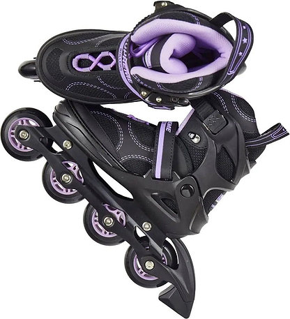 The Supreme Venice Adjustable Kids Inline Skates by Supreme feature black and purple semi-soft boots with four wheels each, shown overlapping diagonally on a white background. Ideal for beginners and young skaters.