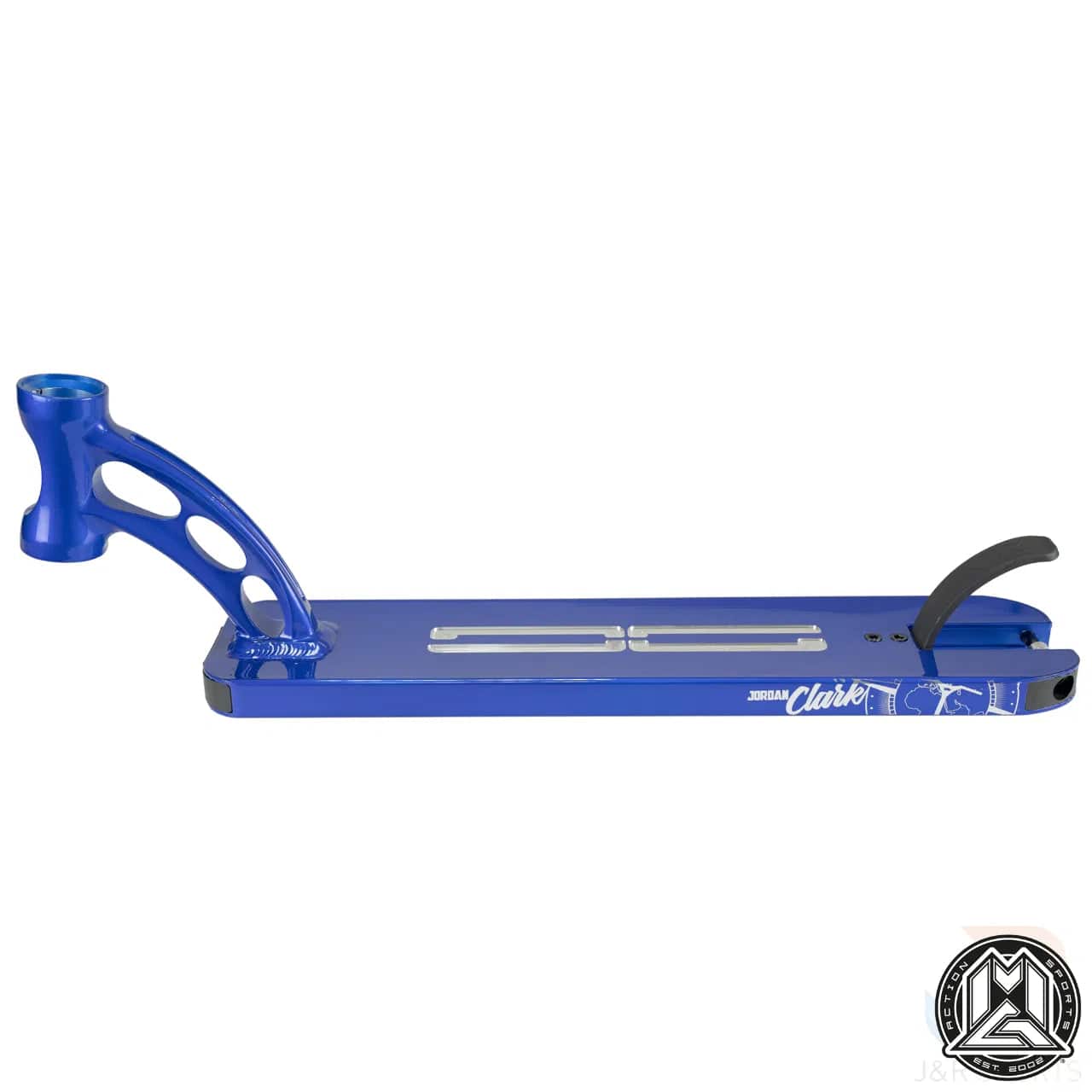 The Madd Gear MGP VX9 Blue Jordan Clark Signature Stunt Scooter Deck (4.5" x 19.5") features a unique cut-out neck, silver grip strips, a black rear brake, and an illustrated graphic near the rear wheel.