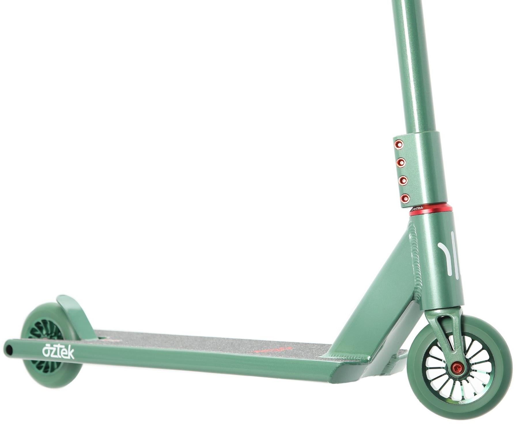 The Aztek Architect 2 Complete Stunt Scooter in Sage Green features a matte finish, red accents on the clamp and wheel, and a textured deck for grip, shown from a low side angle.