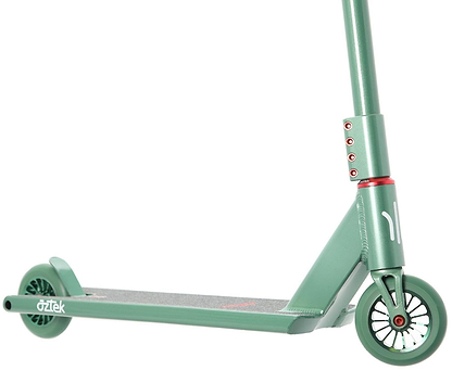 The Aztek Architect 2 Complete Stunt Scooter in Sage Green features a matte finish, red accents on the clamp and wheel, and a textured deck for grip, shown from a low side angle.