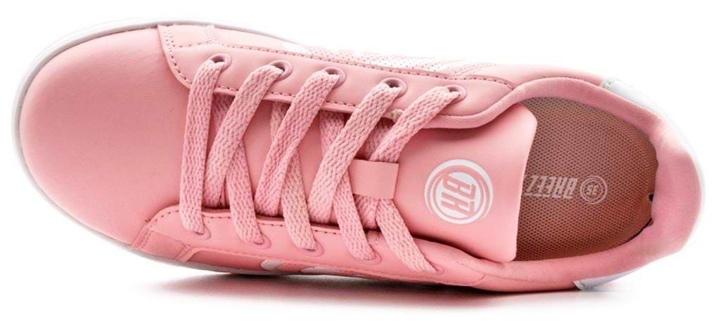 The Breezy Rollers Classic Shoes in pink and white feature matching laces, a white sole, the Breezy Rollers logo on the insole, and a patented wheel system for easy movement, shown from an overhead view.