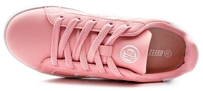 The Breezy Rollers Classic Shoes in pink and white feature matching laces, a white sole, the Breezy Rollers logo on the insole, and a patented wheel system for easy movement, shown from an overhead view.