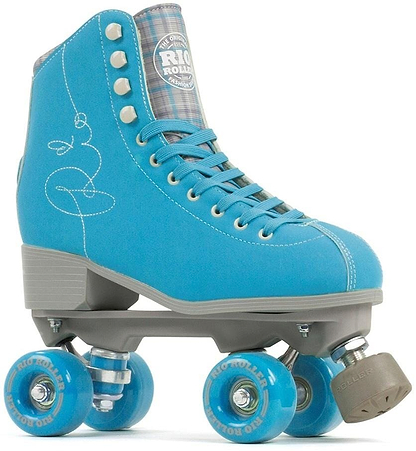 The Rio Roller Signature Quad Roller Skates in blue feature a vibrant hue, white stitching, plaid lining, and vegan-friendly high-top design. They have sleek white laces through six silver eyelets on a gray chassis with blue wheels—ideal for recreational fun.