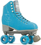 The Rio Roller Signature Quad Roller Skates in blue feature a vibrant hue, white stitching, plaid lining, and vegan-friendly high-top design. They have sleek white laces through six silver eyelets on a gray chassis with blue wheels—ideal for recreational fun.