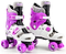 The Osprey Flower Adjustable Quad Roller Skates - Purple for kids feature floral designs, secure buckled straps, thick padding, and bright purple wheels.