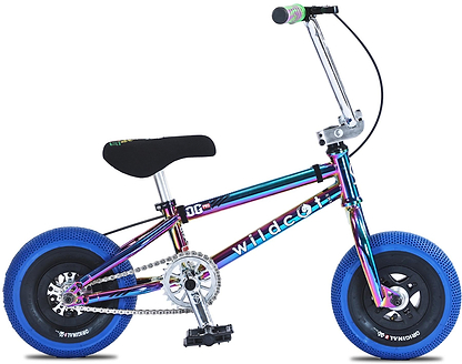 The Wildcat OG Pro Mini BMX Bike - Joker Blue Neochrome features blue tires, a black seat, a metallic rainbow-colored frame with "Wildcat" branding, bold turbo wheels, a single gear, and no training wheels.