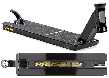 The Lucky Prospect 2025 Black Shift Stunt Scooter Deck (5" x 19.5") by Lucky, built from tough 6000 Series Aluminum, features gold "LUCKY" grip tape branding and underside "PROSPECT" logo—ideal for advanced riders; shown side and bottom.