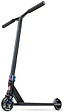 The Madd Gear MG 5 Axion Complete Stunt Scooter in Black / Neochrome by MGP features a sturdy T-bar, colorful clamp, black wheels, and a sleek deck—an action sports innovation—shown on a white background.