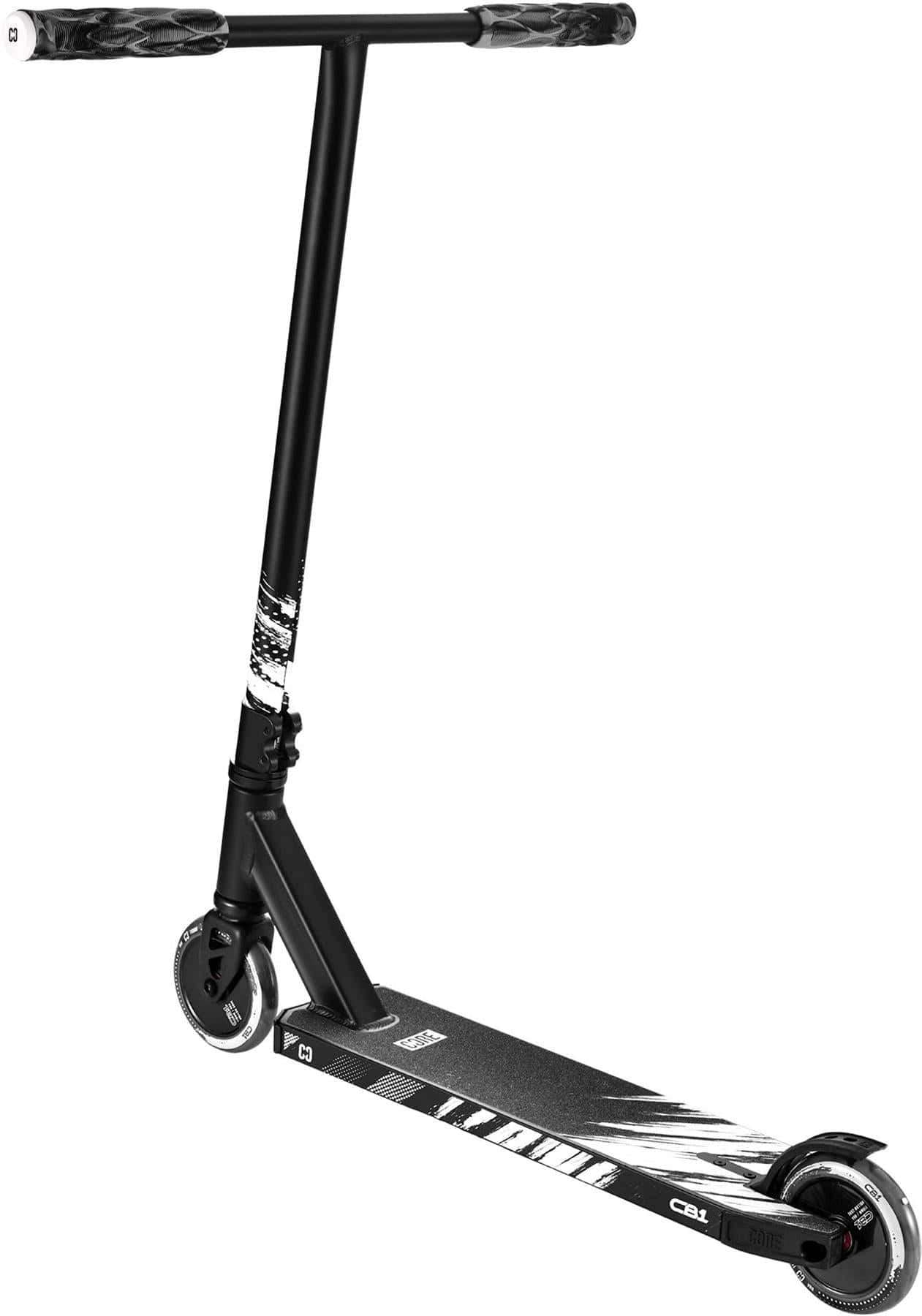 The CORE CB1 Beginner Complete Stunt Scooter by CORE is black with a T-shaped handlebar, black wheels, and a white graphic deck—ideal for beginners looking for a reliable stunt scooter.