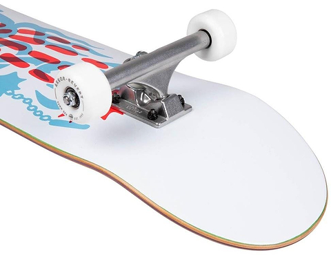Close-up of the Arbor Street Chroma Multi Complete Skateboard (8.5" x 32.25) by Arbor, featuring white wheels, silver trucks, and a white deck with a vibrant red and blue abstract graphic—great for beginner skateboarders.