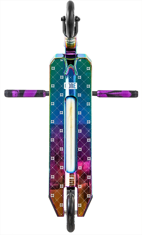 Top-down view of the CORE CG1 Complete Stunt Scooter by CORE in Neochrome/Black, featuring a colorful gradient deck, black handlebars, and black wheels. Ideal for beginners wanting standout style.
