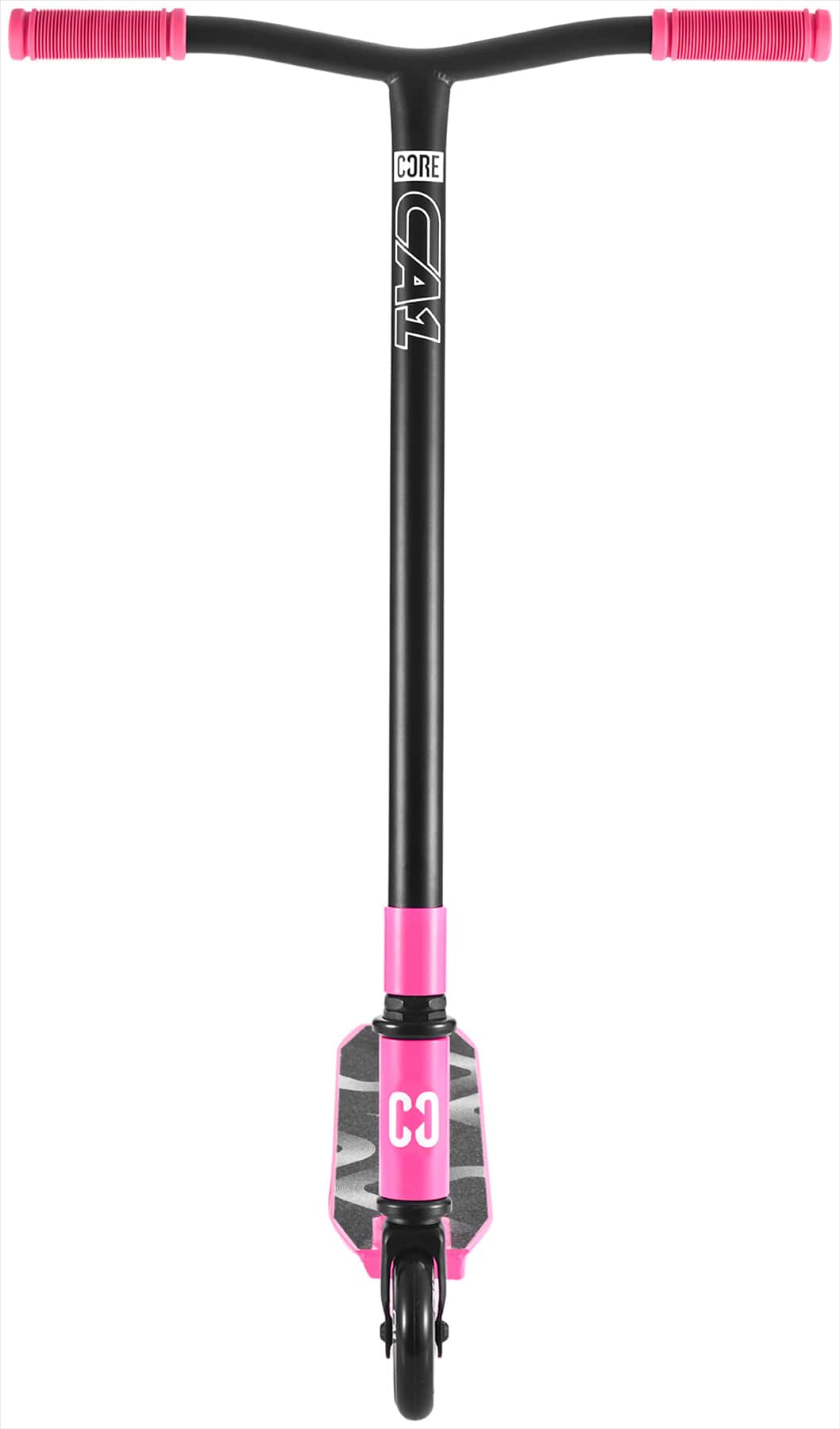 The CORE CA1 Beginner Complete Stunt Scooter - Pink features black and pink design with pink handlebar grips, pink accents, and visible CORE logos on the handlebars and deck. Ideal stunt scooter for kids, shown from the front against a white background.