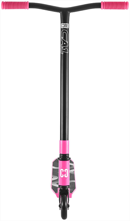 The CORE CA1 Beginner Complete Stunt Scooter - Pink features black and pink design with pink handlebar grips, pink accents, and visible CORE logos on the handlebars and deck. Ideal stunt scooter for kids, shown from the front against a white background.