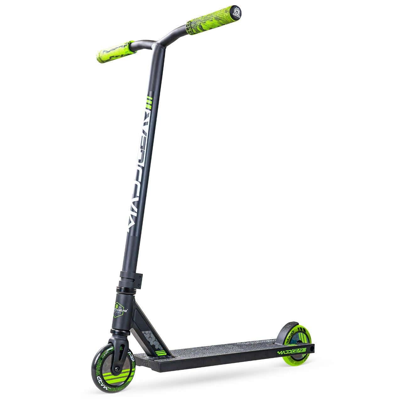 The Madd Gear (MGP) MG 3 Zen Complete Stunt Scooter in Black/Lime features a sturdy frame, textured deck, and lime green grip handles and wheels, standing upright on a white background—ready for your next adventure.