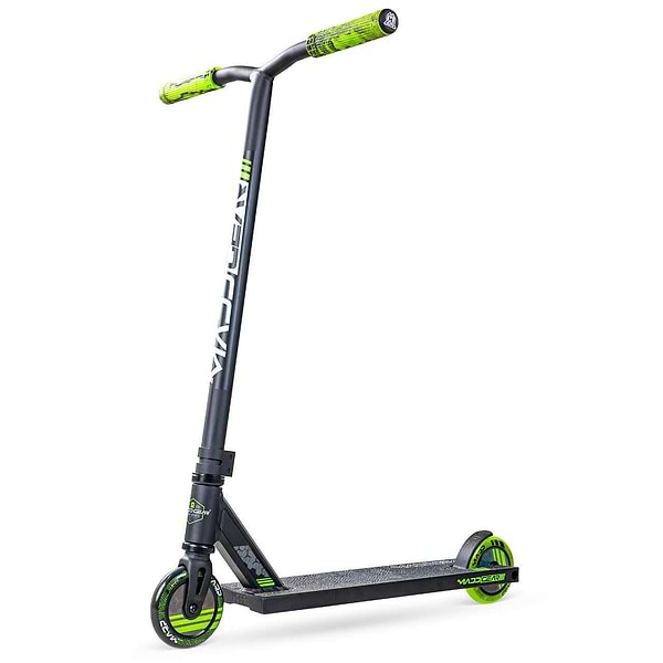 The Madd Gear (MGP) MG 3 Zen Complete Stunt Scooter in Black/Lime features a sturdy frame, textured deck, and lime green grip handles and wheels, standing upright on a white background—ready for your next adventure.