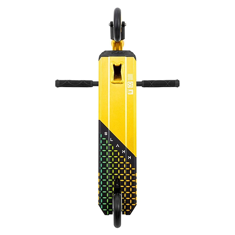 Aerial view of the Slamm Assault Complete Stunt Scooter - Gold, showcasing its vibrant yellow, black, and green alloy deck with eye-catching geometric patterns and the word "SLAM." This scooter features two stylish 110mm aluminium wheels and horizontal handlebars.