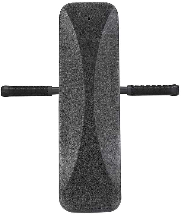 Aerial view of a black padded exercise bench with dual side handles, its sleek design echoing the aesthetics of the Blunt Envy TS Pro 6 Indoor Trampoline Stunt Scooter. The bench showcases a rectangular shape and textured surface for enhanced grip, with parallel handles extending outward to create a simple yet contemporary look.