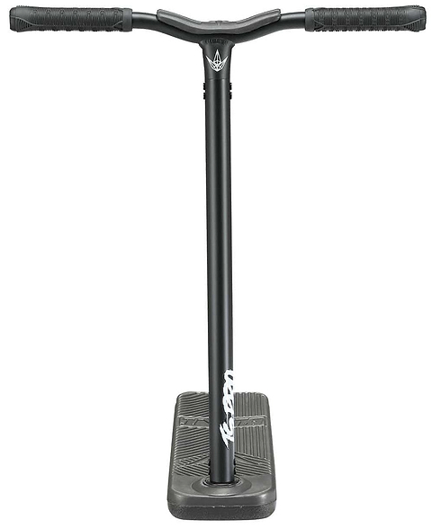 A front view of the Blunt Envy TS Pro 6 Indoor Trampoline Stunt Scooter in black showcases its wide handlebars and sleek design. The scooter boasts a textured footboard and a minimalist, modern appearance, making it ideal for those looking for both style and performance.