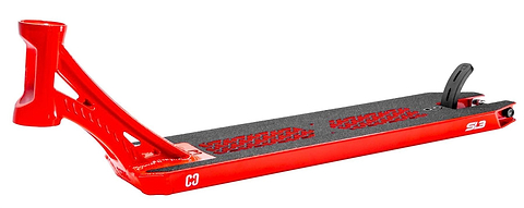 The CORE SL3 Forged Candy Red Stunt Scooter Deck by CORE features black grip tape, subtle white graphics, and an integrated rear brake. Sized at 5.25" x 19.3"/20.5", it’s designed for freestyle or stunt scootering in the park.