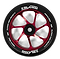 Close-up of the Slamm Team 110mm Stunt Scooter Wheel - Red, showcasing its black and red design with six red spokes and a premium-grade aluminum core. The black tire features white text that reads "Super High Density 110mm 88A" along with the brand name "Slamm," while the center hub maintains a sleek black appearance.