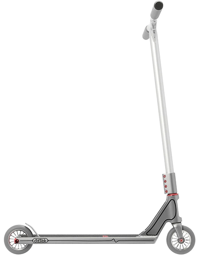 Side view of the Aztek Fountain Complete Stunt Scooter in grey by Aztek, featuring a minimalist slim deck, two small wheels, straight handlebar, and red accents—a sleek design perfect for city cruising or skatepark tricks.