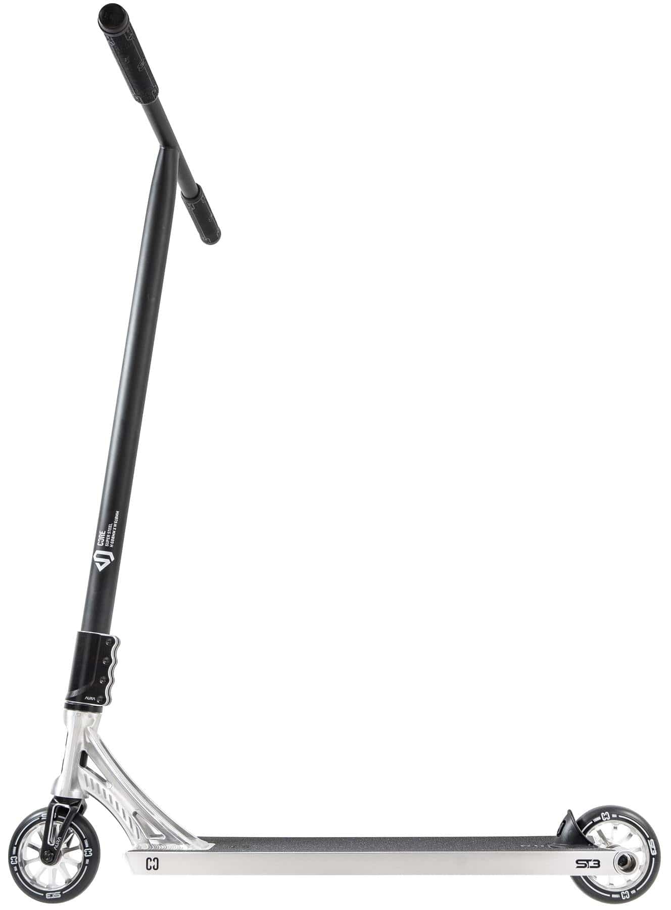 The CORE ST3 Complete Stunt Scooter - Polished by CORE features a silver and black design, T-shaped handlebar with black grips, small black and white wheels, and a sleek pro-grade aluminum deck, shown side-on against a white background.