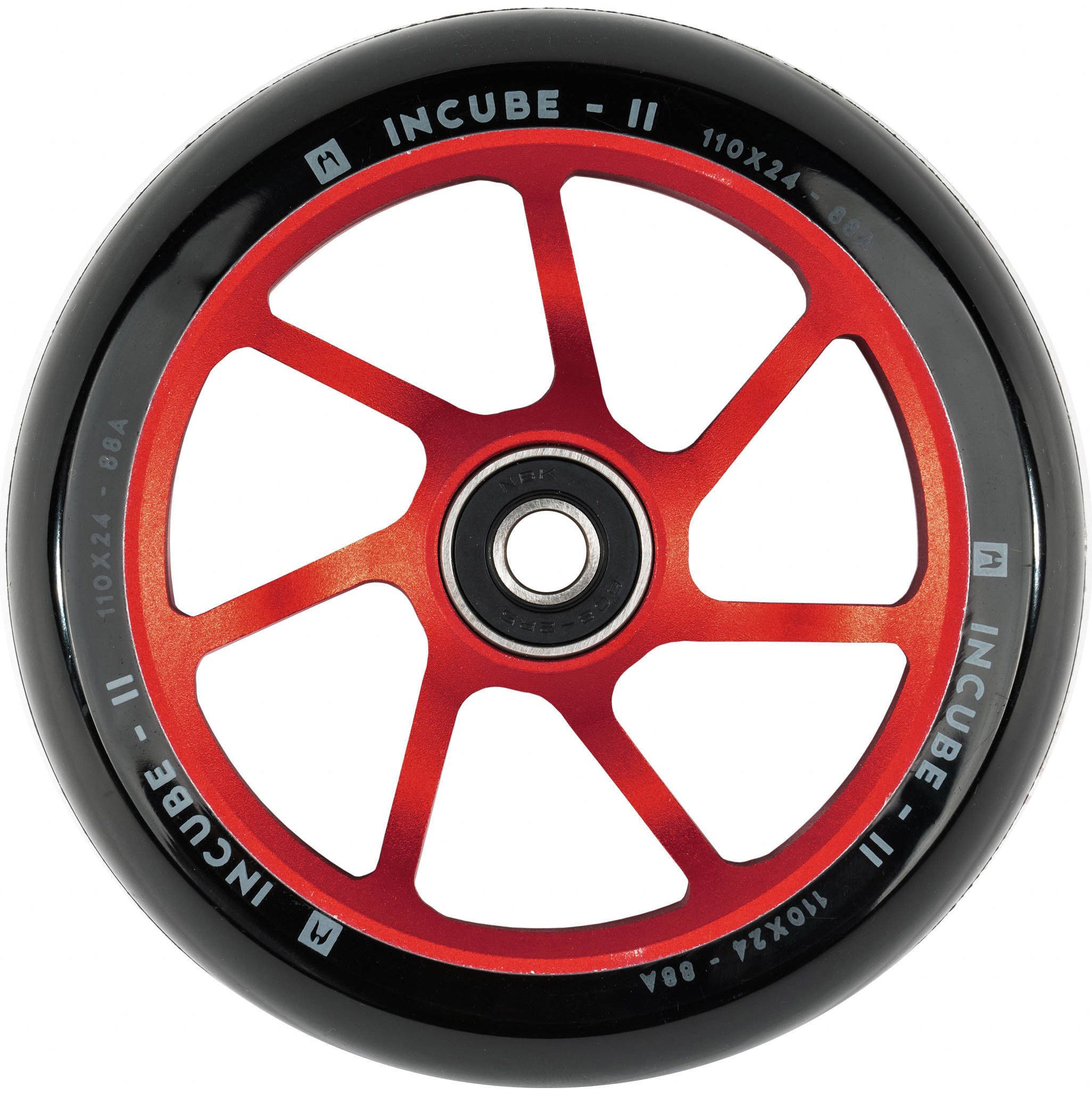 Ethic’s Incube V2 110mm Stunt Scooter Wheel in red features bold red and black styling with “INCUBE-II” and the specifications “110x24 - 88A” printed along the edge. This wheel includes a central bearing and eight slim red spokes, combining durability with striking design.