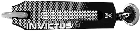Top-down view of the Root Industries Invictus V3 Complete Stunt Scooter - Black Mirror, featuring a honeycomb pattern deck with bold "INVICTUS" lettering and visible front and rear wheels.