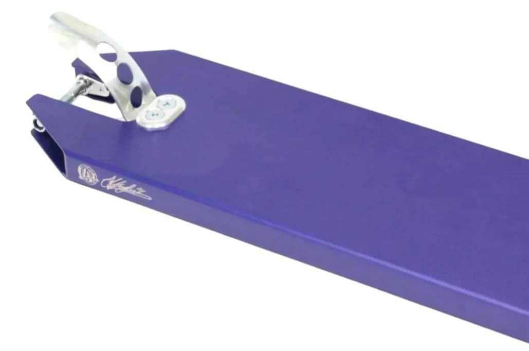 The Australian-made Apex Pro Angus Hughes V3 Purple Signature Stunt Scooter Deck, measuring 5" x 19.3", features a vibrant purple finish with a metal brake and a sleek white logo. Its rectangular design, with clean edges and a rear cutout, ensures a secure fit for the scooter's rear wheel assembly.
