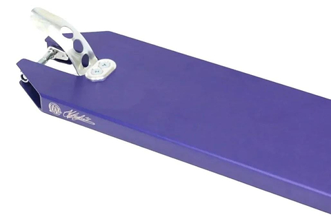The Australian-made Apex Pro Angus Hughes V3 Purple Signature Stunt Scooter Deck, measuring 5" x 19.3", features a vibrant purple finish with a metal brake and a sleek white logo. Its rectangular design, with clean edges and a rear cutout, ensures a secure fit for the scooter's rear wheel assembly.
