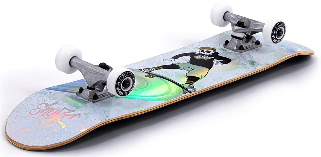 The Enuff Skully Hologram White Mini Complete Skateboard impresses with a skeleton in a black shirt and green pants on a glossy deck of green, blue, and orange hues. Perfect for beginners, it includes white wheels and silver trucks, ensuring smooth rides for entry-level skaters. Size: 7.25" x 29.5".