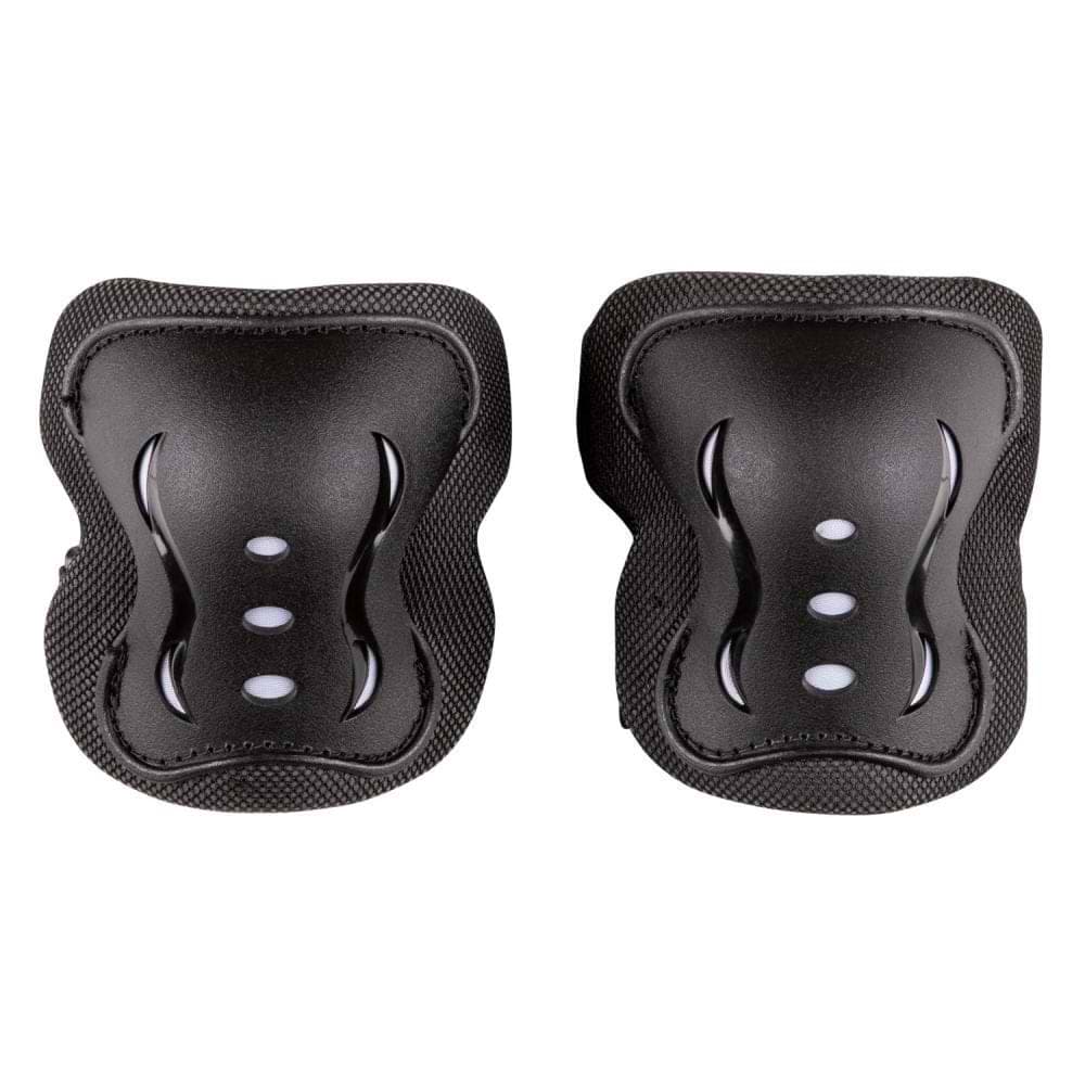 The Heelys F2 Junior Triple Skate Protection Pad Set in black/white by Heelys features curved, ergonomic knee pads with shock-absorption and oval ventilation holes, shown side by side on a white background.