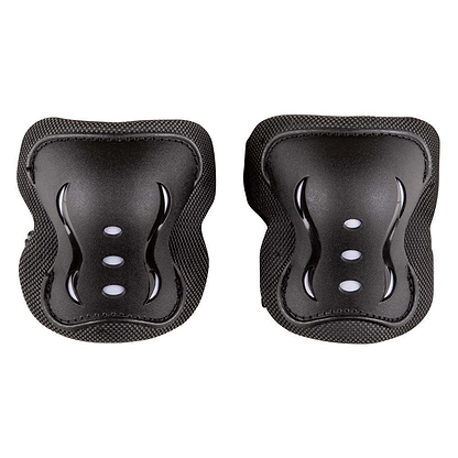 The Heelys F2 Junior Triple Skate Protection Pad Set in black/white by Heelys features curved, ergonomic knee pads with shock-absorption and oval ventilation holes, shown side by side on a white background.