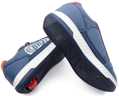 A pair of Breezy Rollers Hero 2 Shoes - Blue by Breezy Rollers, featuring black soles, red wheels in the heels with a patented wheel system, white midsoles, and a white logo. Displayed to show both the top and bottom of the shoes.
