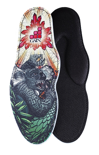 The GAIN Protection SoleBros Insoles - Dropbear are ideal for BMX and MTB enthusiasts. One insole features a vibrant crowned, roaring koala surrounded by leaves and a red flower, while the other is solid black for a more understated look.