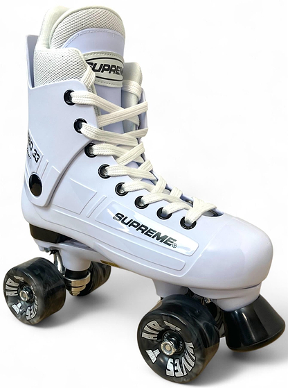 The Supreme Turbo 33 Nylon Quad Roller Skates in white feature black swirl wheels, a black toe stop, white laces, and "SUPREME" branding on the side, displayed against a plain white background.