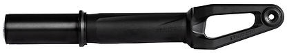 The Ethic DTC Merrow V3 8/12STD IHC Stunt Scooter Fork in black features a lightweight, cylindrical design with a hollow axle mount and cutout detail on one side, as shown in a side view against a white background.