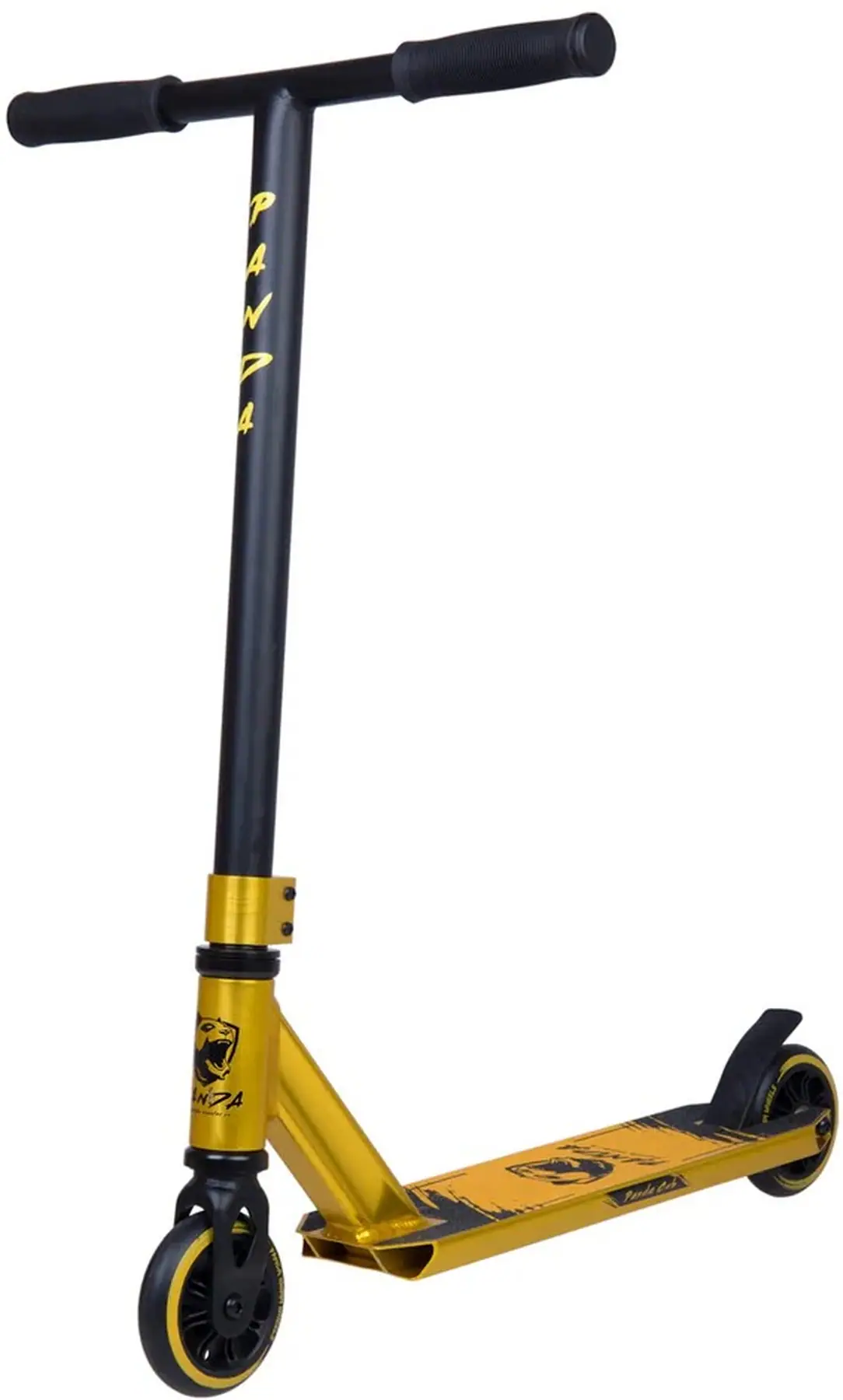 The Panda Cub Complete Stunt Scooter by Panda features a gold deck with panda graphics, “PANDA” on the yellow and black handlebar stem, small black wheels, and is perfect for junior riders who want to try cool tricks.