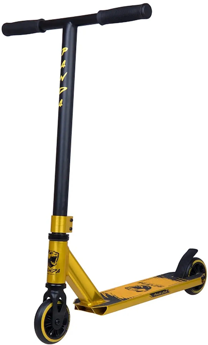 The Panda Cub Complete Stunt Scooter by Panda features a gold deck with panda graphics, “PANDA” on the yellow and black handlebar stem, small black wheels, and is perfect for junior riders who want to try cool tricks.