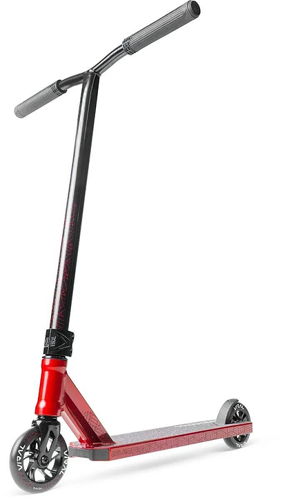 The Madd Gear Viral Purge Complete Stunt Scooter - Cherry by MGP features a wide handlebar, two small wheels, and a textured foot deck—ideal for skatepark tricks. It stands upright on a white background in striking red and black.