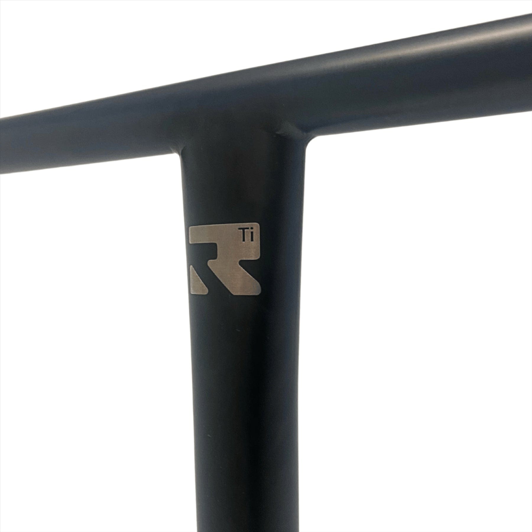 Close-up image of the black Root Industries AIR Titanium Oversized HIC Stunt Scooter T-Bars, featuring a logo with the letter "R" and "Ti" on the vertical section, set against a white background—emphasizing its reputation as one of the strongest titanium bars for scooter enthusiasts.