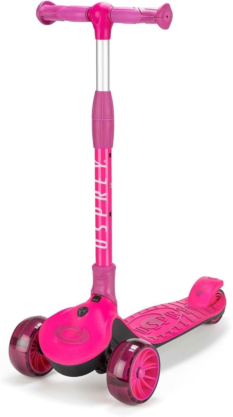 The Osprey 3Ride Folding Kids Tri-Scooter in bright pink features a wide footboard, adjustable handlebars, two large front wheels, and tilt-to-steer control for smooth rides. The "Osprey" logo is printed on the frame.