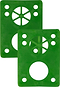 Two Essentials Skateboard Riser Pads in green, shaped as rectangular plastic plates with circular cutouts and holes, each showcasing an eight-spoke design in the top circle and a large round cutout at the bottom. These 1/8" riser pads by Essentials are placed side by side with a slight overlap.